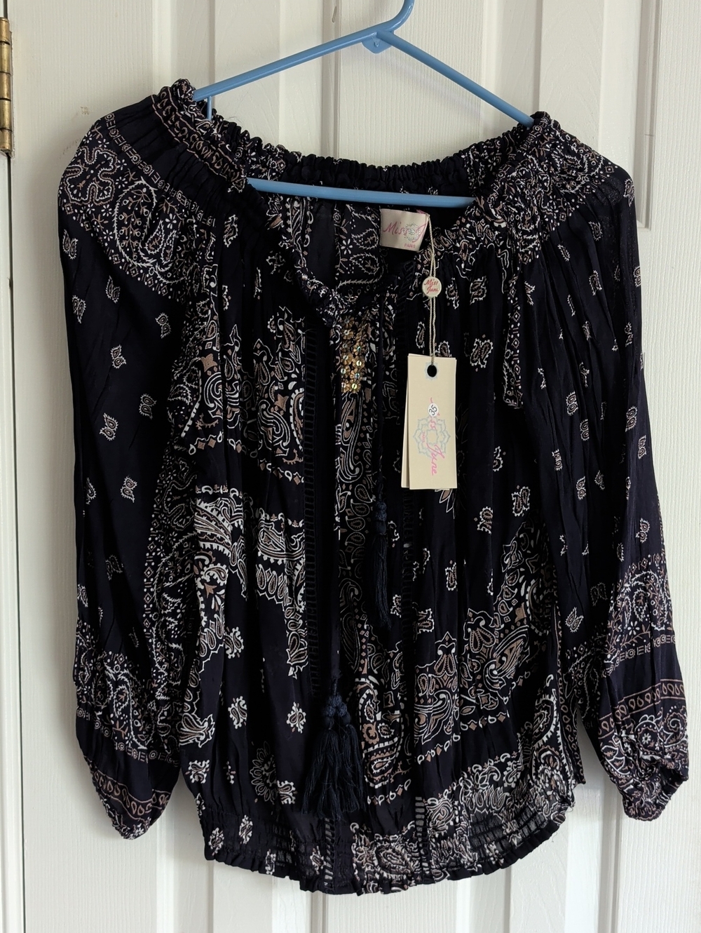 Blue Paisley Off-Shoulder Peasant Blouse